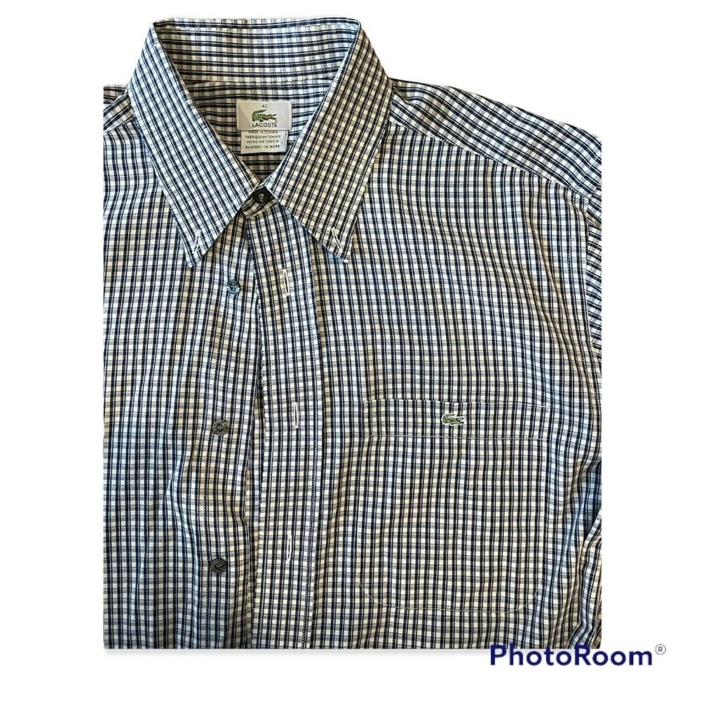 Mens LACOSTE Navy Blue White Plaid Shirt Size 40 Long Sleeve Button Down